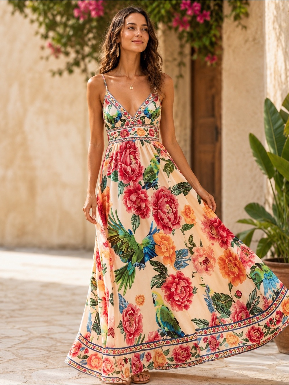 NEW - Tropical Floral Parrot Print Maxi Dress Boho Vacation Sundress